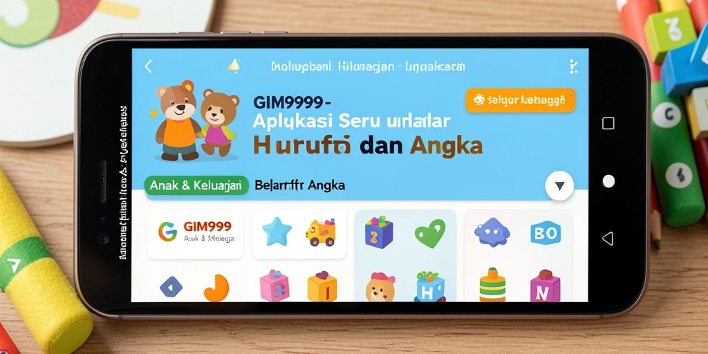 Screenshot GIM999 menampilkan antarmuka belajar huruf dan angka yang interaktif.